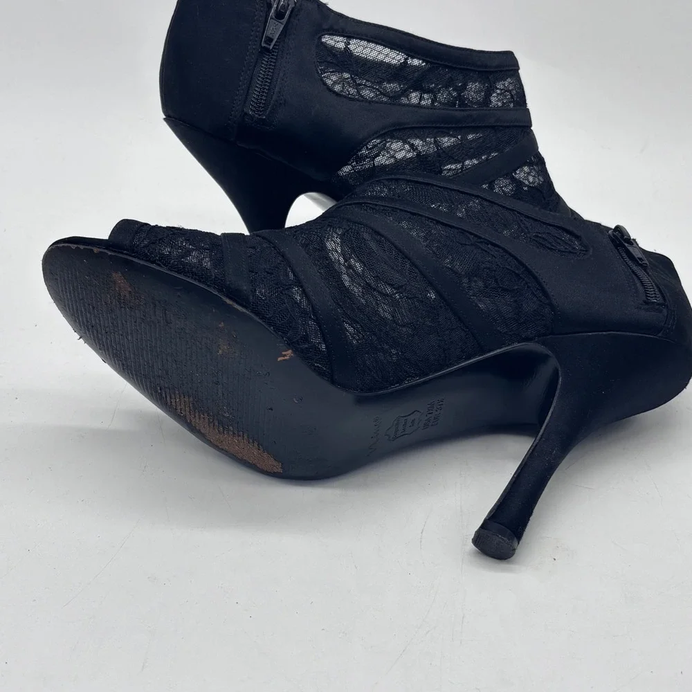 Nina Lace Peep Toe Booties Women 7.5 Black Elegant Side Zip